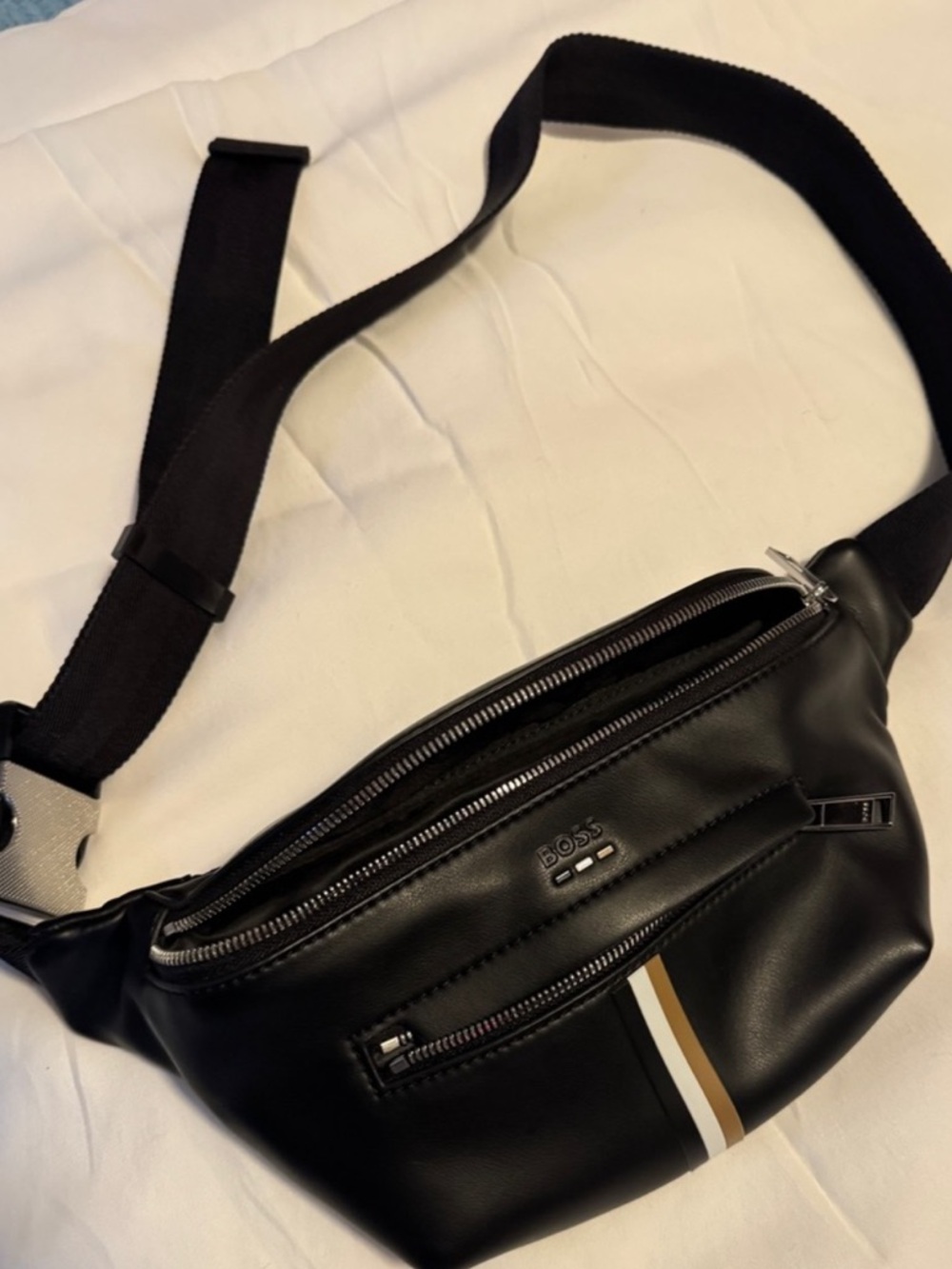 BOSS Black Leather Belt Bag with White & Tan Stripe Accent